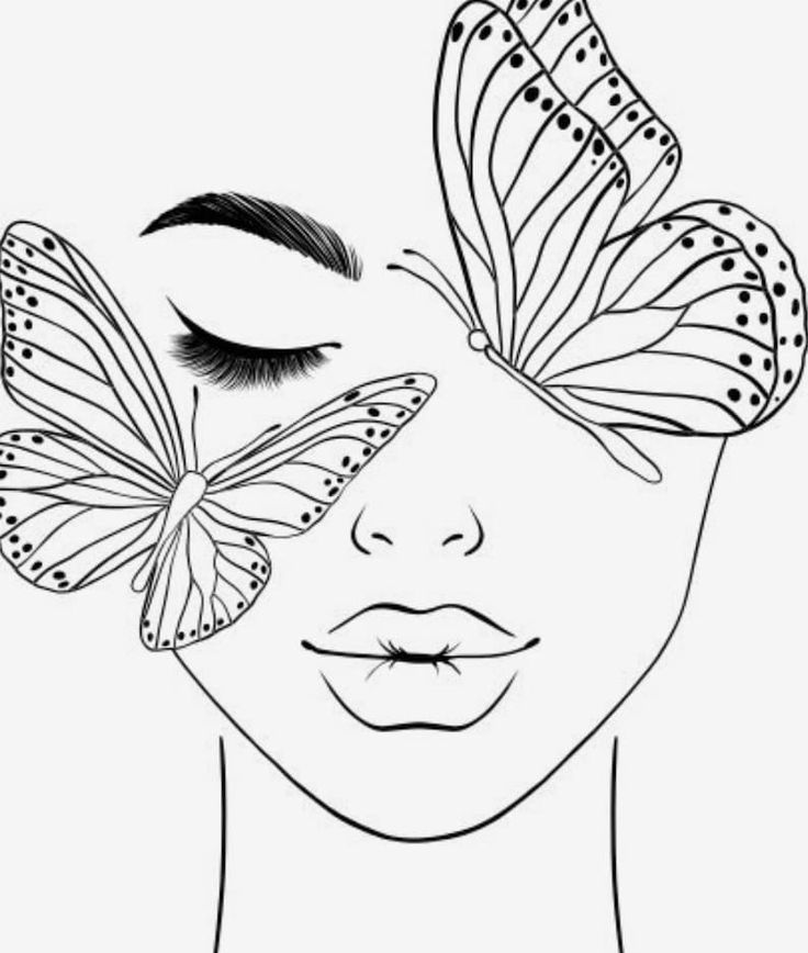 Line art of a woman's face with two butterflies covering her eyes. Minimalist illustration in black and white.