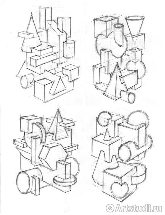 Sketch of complex geometric shapes including cubes, cones, and cylinders arranged artistically in four grids.