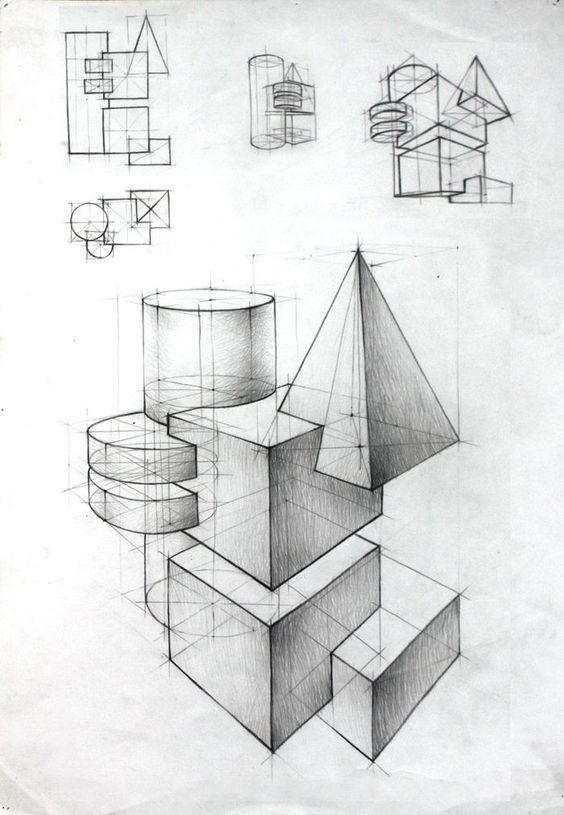 Geometric shapes illustration, pencil sketch of cylinders, cubes, spheres, and cones, precise perspective and shading techniques.