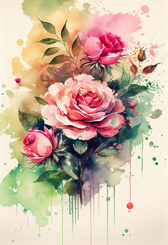 Watercolor painting of vibrant pink roses with green leaves and splashes of colorful paint, creating an artistic floral effect.