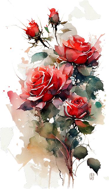 Watercolor painting of vibrant red roses with green leaves, showcasing artistic brushstrokes and delicate floral details.