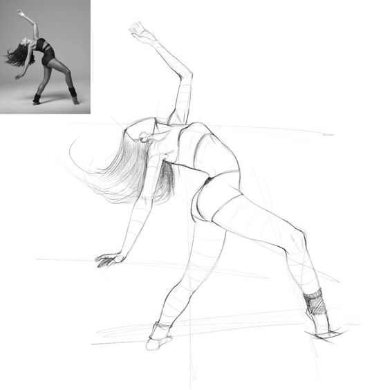 Pencil sketch of a woman in a dynamic dance pose, based on a black-and-white reference photo in the top left corner.