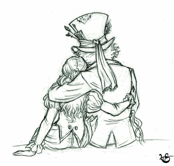 Sketch of two characters sitting and embracing, one in a hat with a feather, captured from the back. Whimsical scene.