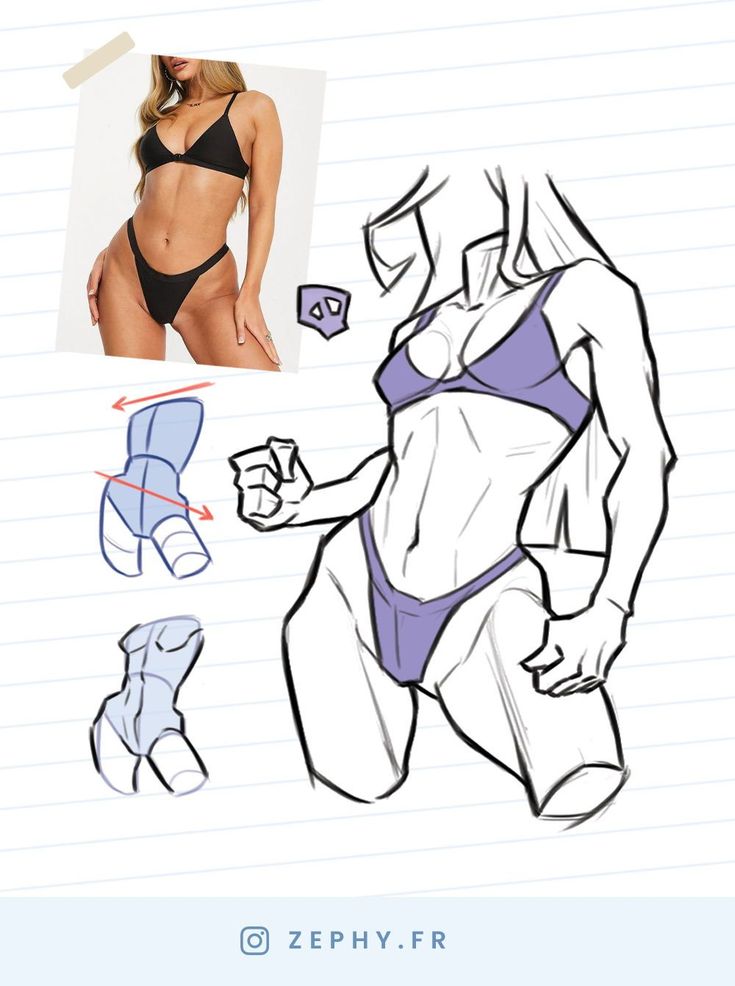 Illustration of a female figure in a bikini inspired by a real model, showcasing anatomy and pose drawing techniques.