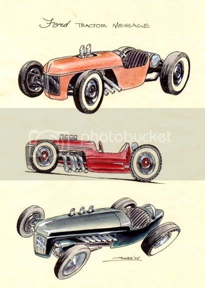 Hand-drawn sketches of three vintage Ford tractor-inspired hot rods in different colors: orange, red, and black.