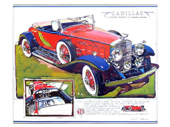 Vintage Cadillac car with red and blue body, classic design, and white-walled tires. Illustration highlights car interior and details.