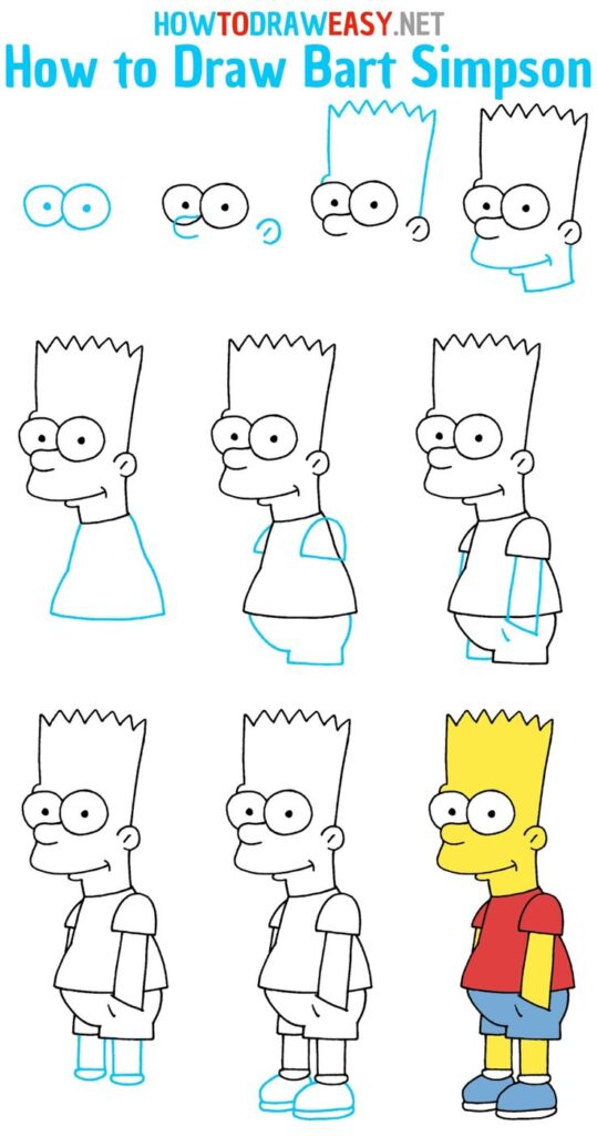 Step-by-step guide on how to draw Bart Simpson from The Simpsons, starting with basic shapes and adding details and colors.