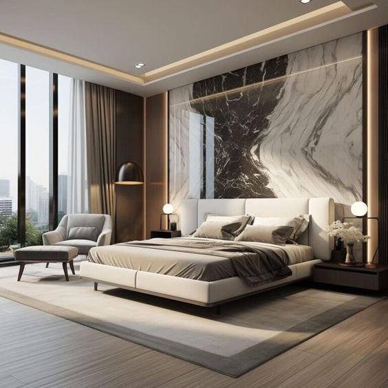 Modern luxury bedroom with a king-size bed, stylish decor, large windows, marble accent wall, and cozy seating area.