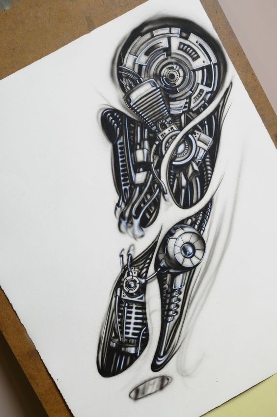 Futuristic mechanical art sketch featuring intricate details of gears, wires, and robotic elements on a white paper background.