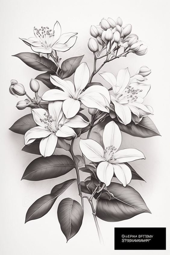 Detailed grayscale drawing of blooming white flowers with green leaves on a branch.