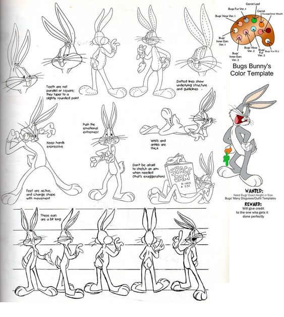 Bugs Bunny character design sheet with sketches, color templates, posing guides, and expression notes for animation.