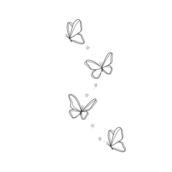 Minimalist black and white butterfly sketch art with four butterflies in flight.