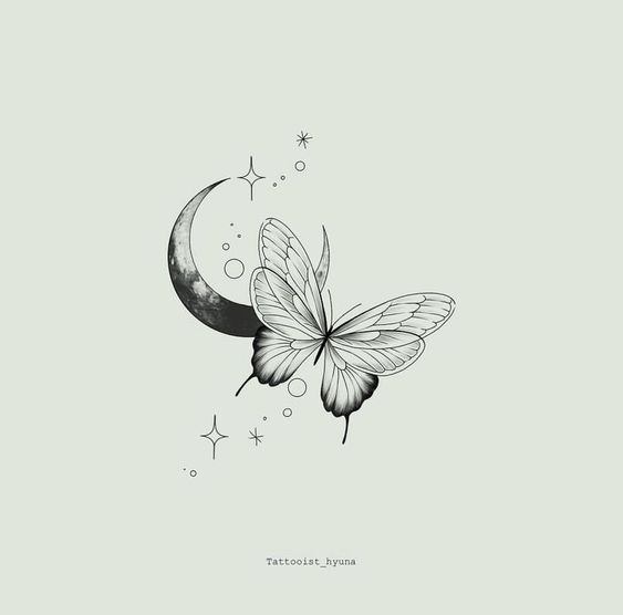 Moon and butterfly tattoo design with stars and dots - minimalist black and white ink art.