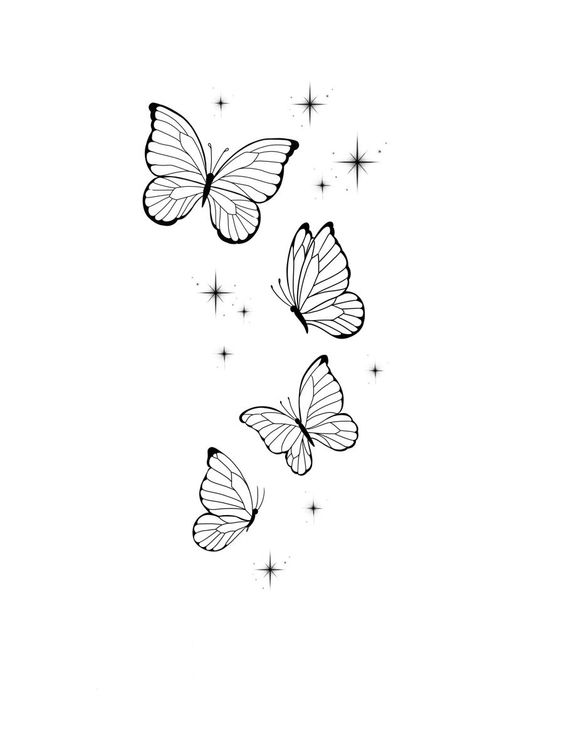 Black and white illustration of four butterflies with stars, giving a magical and serene impression on a white background.