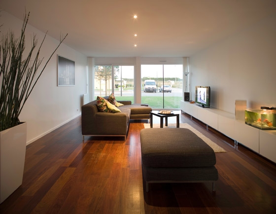 Modern living room with hardwood floors, cozy gray sectional sofa, and large windows providing a view of the outdoors.