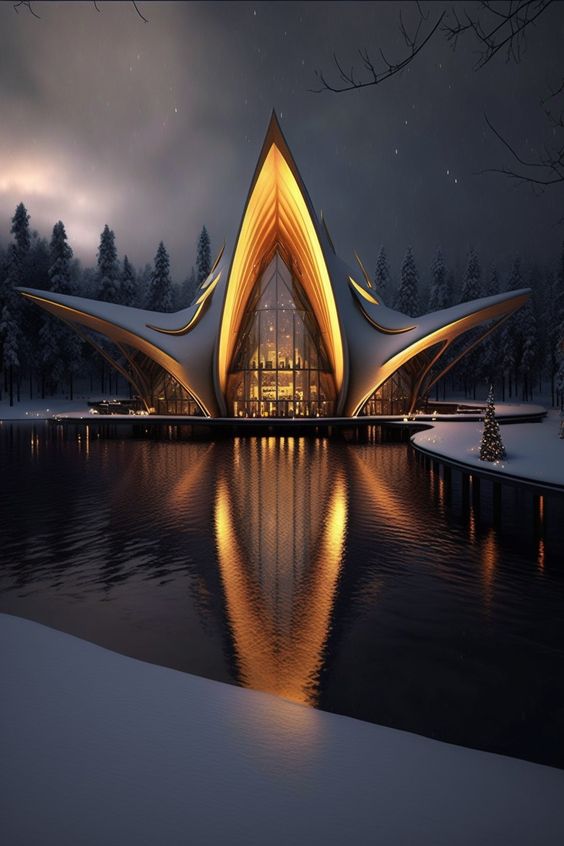 Modern, illuminated structure with unique architecture in a snowy, forested setting, reflecting on a serene lake at night.