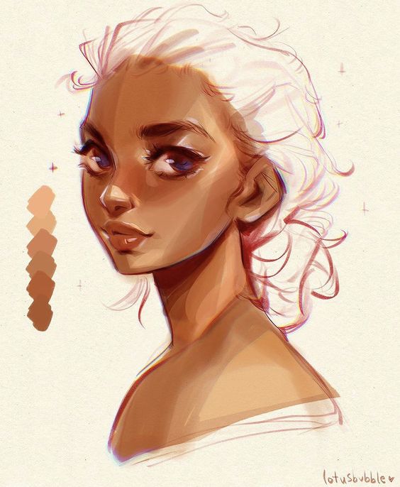 Digital portrait of a woman with a color palette, white hair, and brown skin tones, drawn in a semi-realistic style.