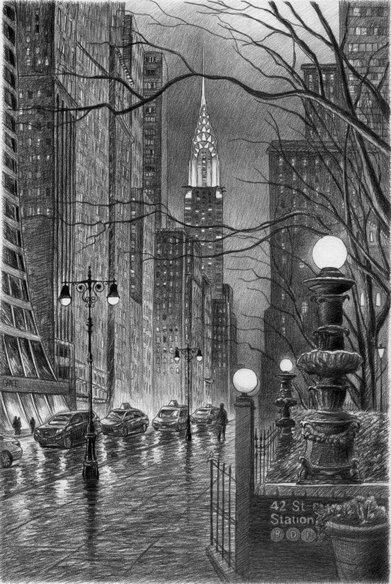 Pencil sketch of a rainy night in New York City, featuring 42nd Street station and the Chrysler Building in the background.