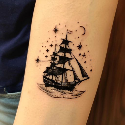 Tattoo of a detailed sailing ship in black ink with stars and a crescent moon on a person's arm.