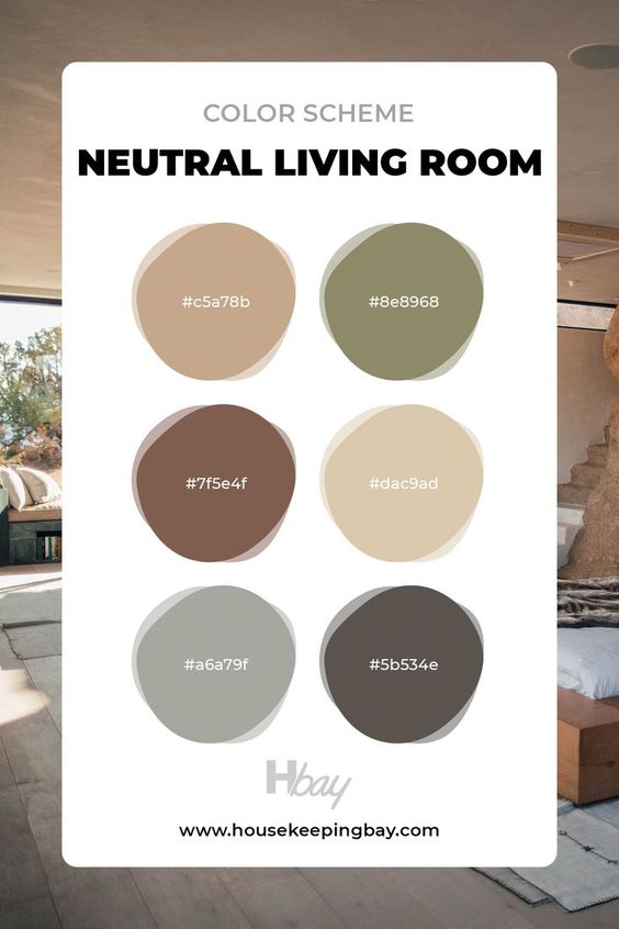 Neutral living room color scheme with six shades: tan, green, brown, beige, grey, and dark grey. Hex codes included.