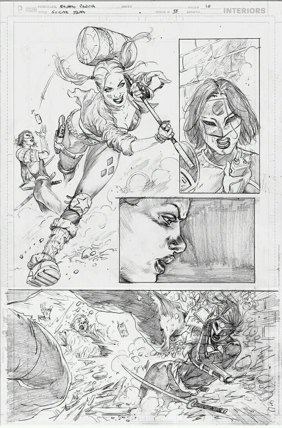 Pencil sketch of dynamic comic panels depicting intense action scenes with characters fighting.