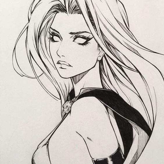 Black and white manga drawing of a serious long-haired woman with a determined expression and wind-swept hair.