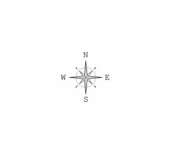 Minimalist black and white compass rose with directional points labeled N, E, S, W representing North, East, South, and West.