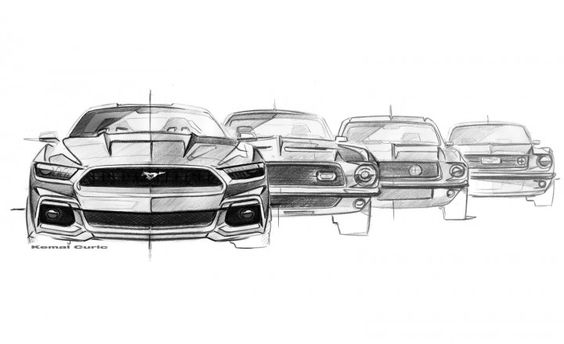 Sketch of five front views of classic and modern Mustang cars, showcasing the evolution of Mustang design over the years.