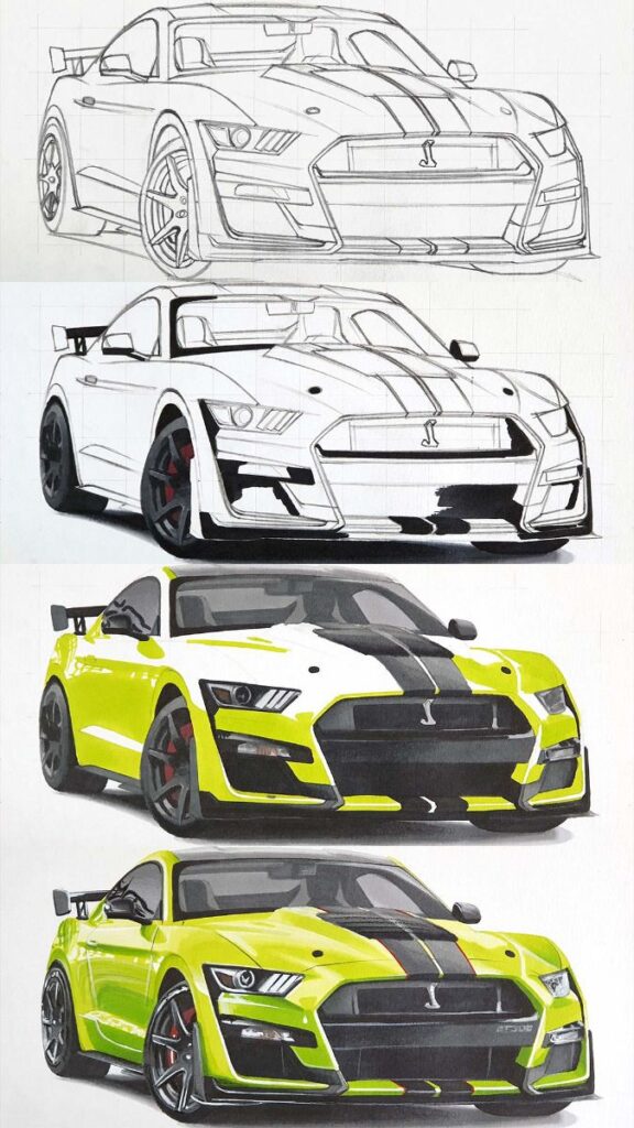 Step-by-step illustration of a car drawing, from sketch to fully colored Mustang with black stripes and green body.