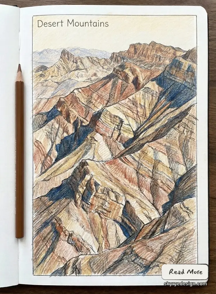 Sketchbook colored-pencil drawing titled Desert Mountains showing layered canyon ridges in warm earth tones with deep shadows; brown pencil rests beside the page.