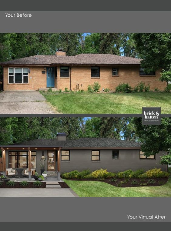 Before and after home renovation by Brick & Batten showing exterior transformation with new porch, paint, and landscaping.