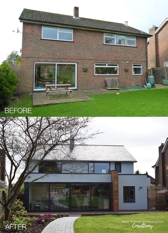 Before and after house exterior renovation showing a transformation from a brick facade to a modern design.