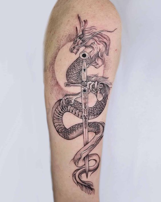 Dragon wrapped around a sword tattoo on forearm, intricate black and gray ink design, detailed, mythical art.