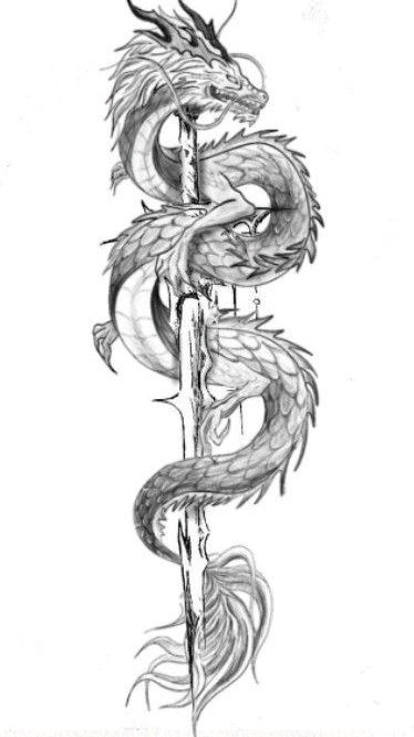 Black and white sketch of a large, detailed Chinese dragon coiled around a vertical pole, showcasing scales and whiskers.