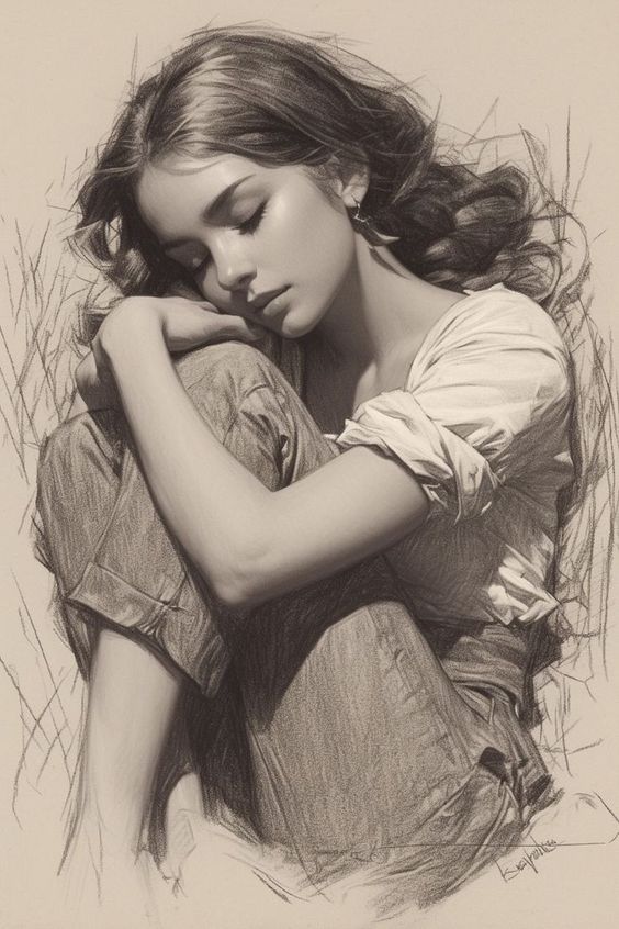 Realistic pencil drawing of a young woman sitting and resting her head on her knees with eyes closed, looking peaceful.