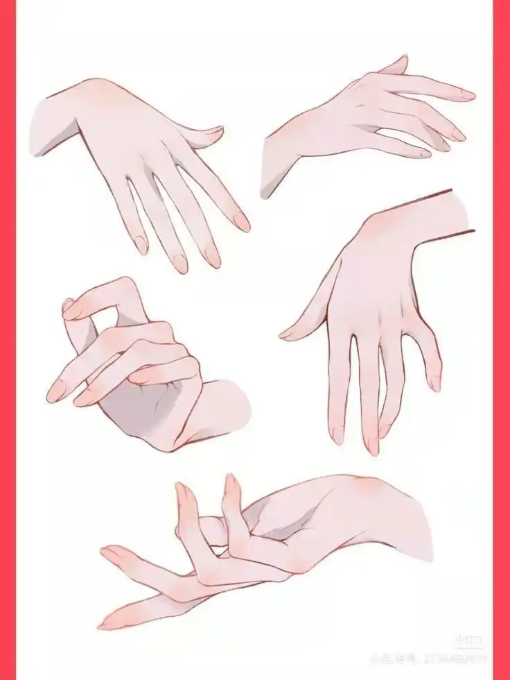 Illustrated hand poses on a white background with a red border, showcasing diverse finger positions for drawing reference or