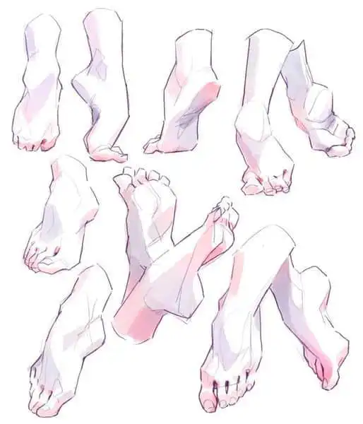 Illustrated sketches of human feet in various poses, showcasing anatomy and structure for art reference and study.