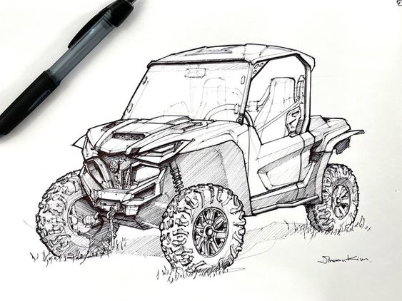 Sketched concept of an off-road vehicle with rugged tires on a white background, black pen placed nearby.