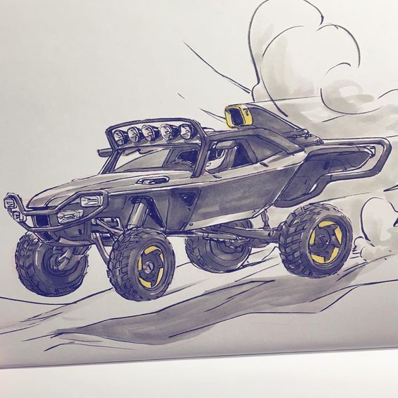 Sketch of a rugged off-road vehicle climbing a hill, kicking up dust.