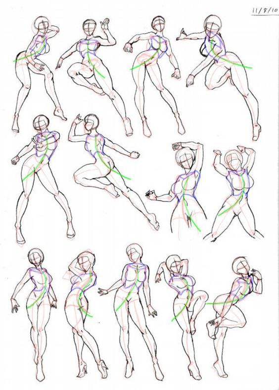 Sketches of various female poses, showcasing different action and standing stances for figure drawing practice.