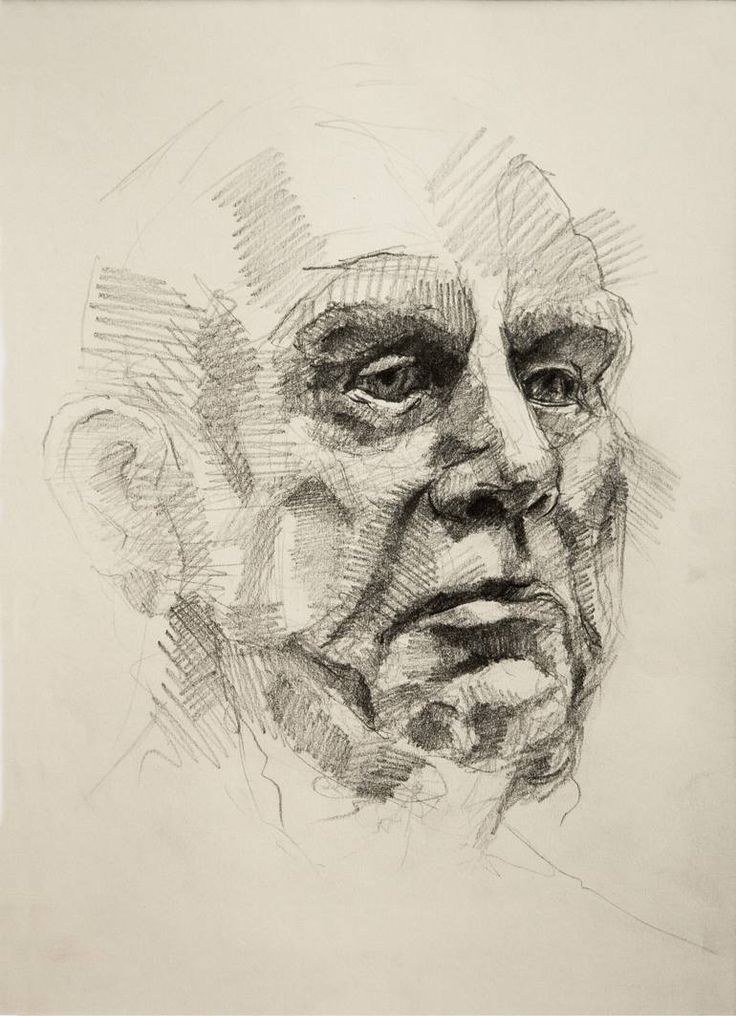 Pencil sketch of an elderly man's face, with detailed shading and expressive features, capturing his intense gaze.