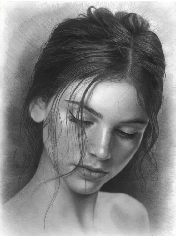 Realistic pencil sketch of a pensive woman with dark hair, downcast eyes, and delicate features, capturing emotional depth.