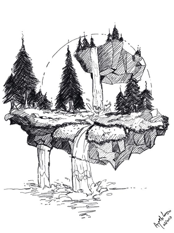 Floating island sketch with trees, waterfalls, and rocky formations. Surreal black and white ink drawing.