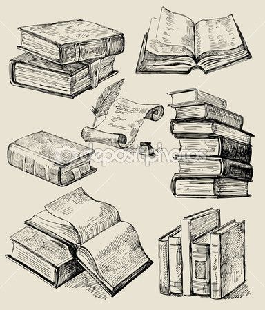 Vintage sketch of stacked books, open books, and scroll parchments, representing knowledge and literature.