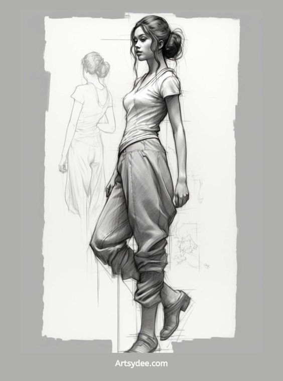 Sketch of a woman in casual attire, standing with one leg lifted, showcasing artistic detail and shading.