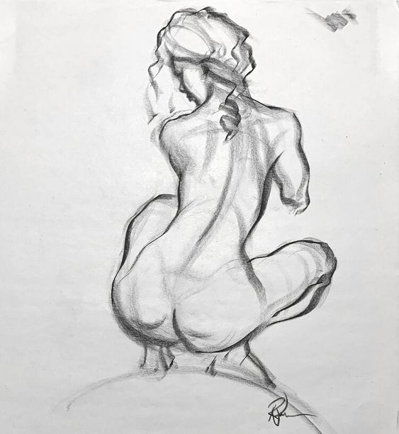 Charcoal sketch of a crouching figure from behind, showcasing detailed shadows and musculature.