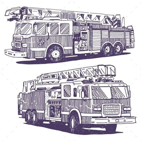 Illustrated fire trucks with ladders in a detailed, hand-drawn style, showcasing front and side views.