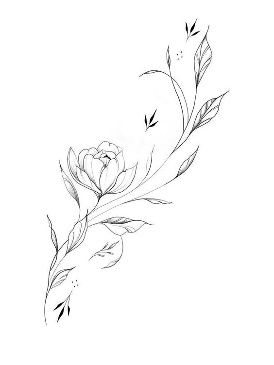 Minimalist black and white floral line art tattoo design with blooming flower and graceful leaves on white background.