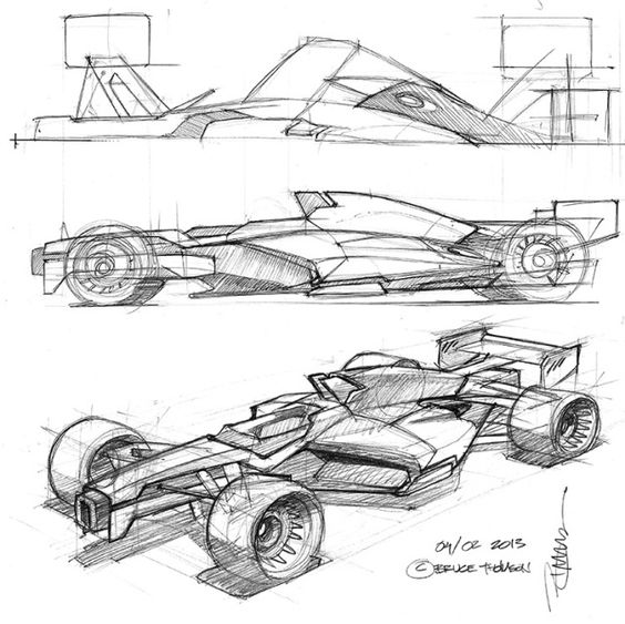 Sketch of Formula 1 car design showing different angles, including front, side, and top views of the aerodynamic vehicle.