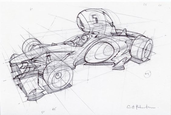 Hand-drawn sketch of a futuristic race car with detailed lines and perspective, showcasing design elements and technical precision.